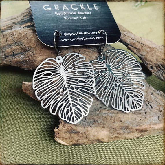 Silver Monstera Leaf Earrings