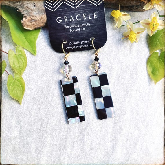 Checkmate Earrings: Acetate, Iridescent Glass Beads, Brass