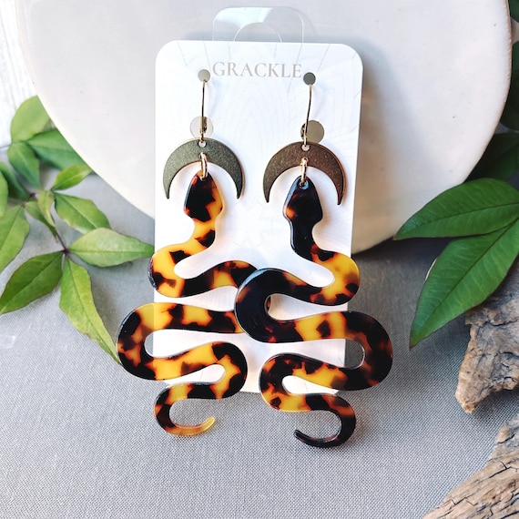 Tortoise Shell and Crescent Snake Earrings