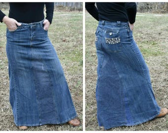 patchwork denim maxi skirt