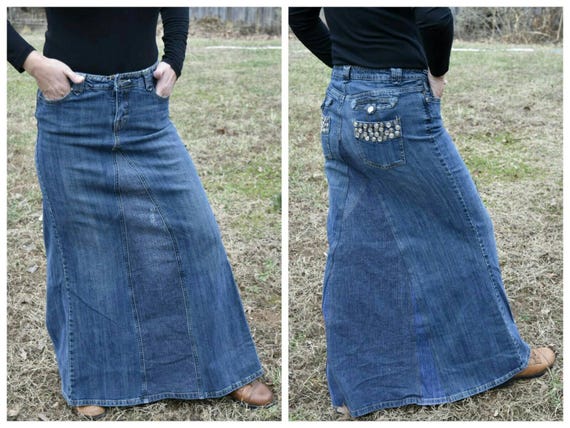 Boho Upcycled Denim Maxi Skirt Recycled Redesigned Women Jean | Etsy