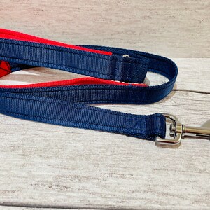 May include: A navy blue dog leash with a red accent and a silver clip.