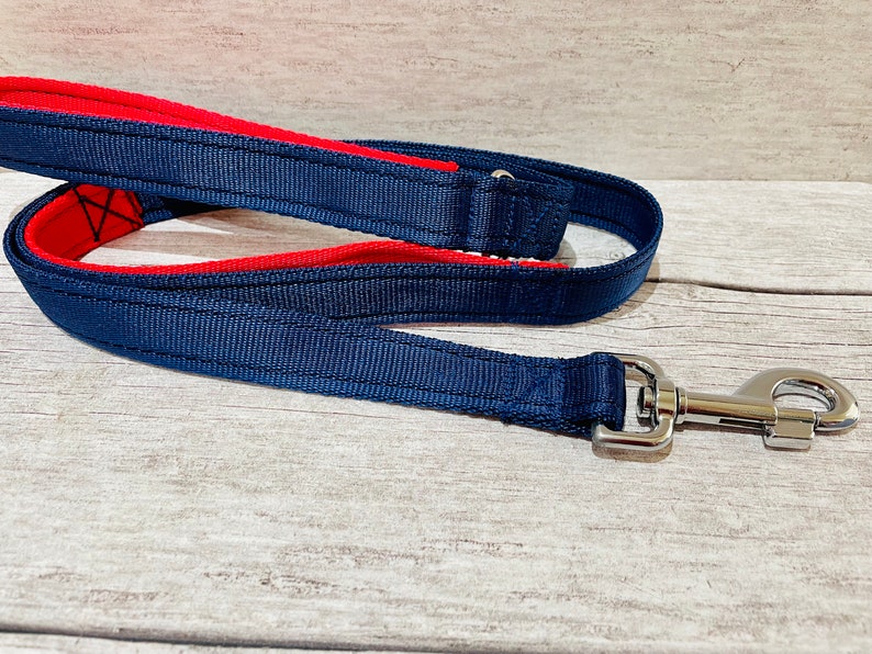 May include: A navy blue dog leash with a red accent and a silver clip.