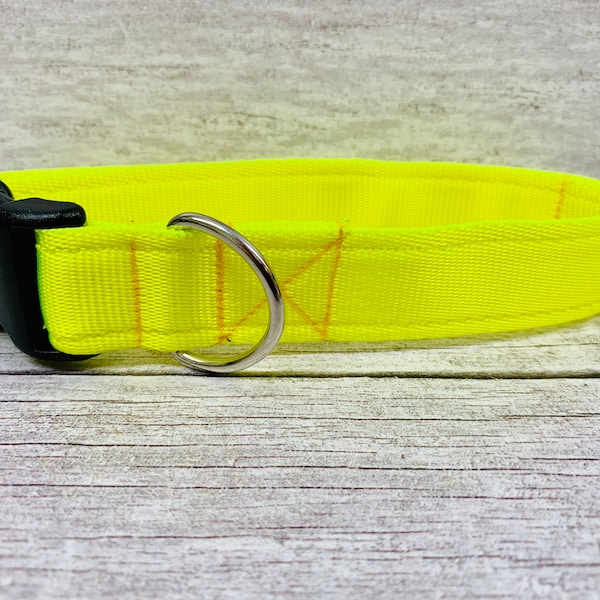 Plain Bright Yellow Hi-Viz Collar Puppy Collar * Kleine Halsband * 1 inch - 3 /4 inch - In de donkere kraag - gedempte webbing - reflecterend