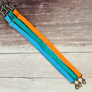 Puede incluir: Tres correas para perros en azul, verde azulado y naranja con clips plateados. Las correas est&aacute;n dispuestas en diagonal sobre una superficie de madera.