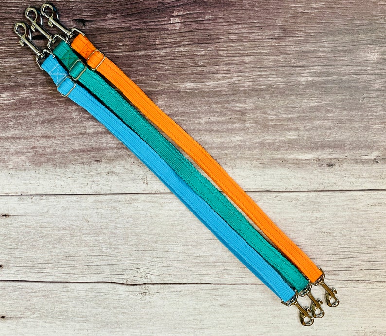 Puede incluir: Tres correas para perros en azul, verde azulado y naranja con clips plateados. Las correas est&aacute;n dispuestas en diagonal sobre una superficie de madera.