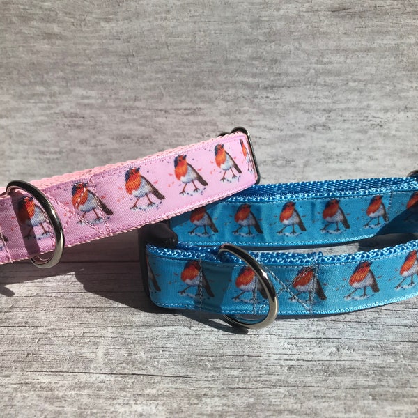 Christmas Robins Dog Collar **Christmas** Xmas Festive Dog Puppy Collar *Any Collar Fastening* Any Width * Pink Blue