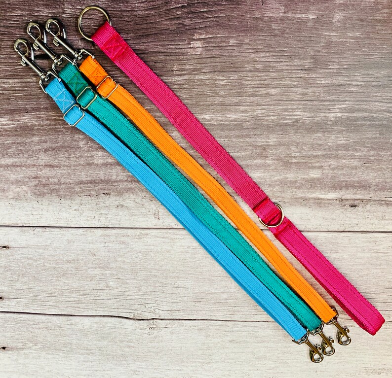 Puede incluir: Tres correas para perros en diferentes colores: turquesa, naranja y rosa. Las correas est&aacute;n hechas de un material tejido duradero y tienen un clip de metal en el extremo.