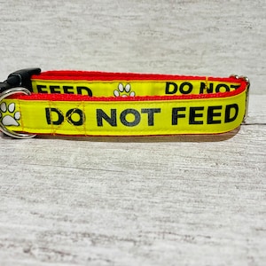Do Not Feed Alert Collars **No Food** **No Treats** Yellow on Red - Soft Webbing - Choice of sizes