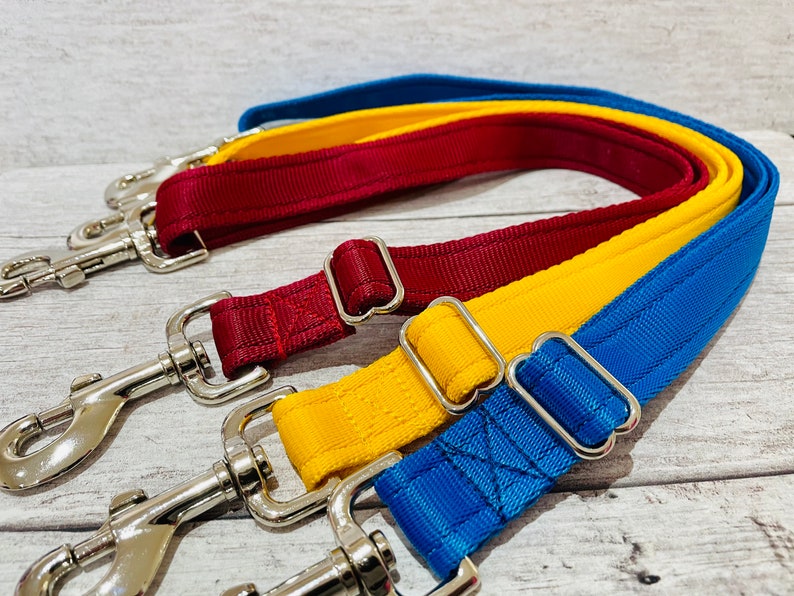 Puede incluir: Tres correas para perros en azul, amarillo y burdeos con cierres plateados.