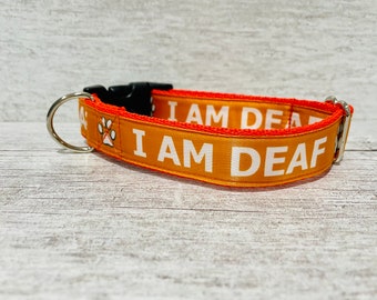 I am Deaf with Paw Print Ribbon Dog Collar - Alert **Choice of Colours** **Matching Lead/Leash Available**