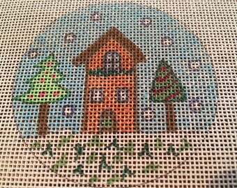 Snow House Christmas Ornament Handpainted 3 Hearts Design Needlepoint Canvas