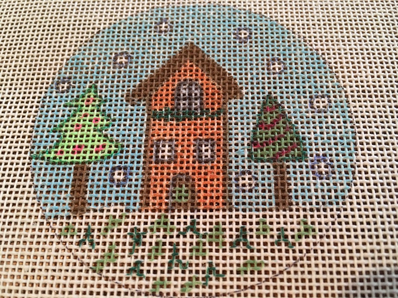 Snow House Christmas Ornament Handpainted 3 Hearts Design Needlepoint Canvas