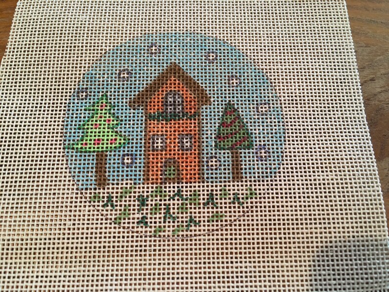 Snow House Christmas Ornament Handpainted 3 Hearts Design Needlepoint Canvas