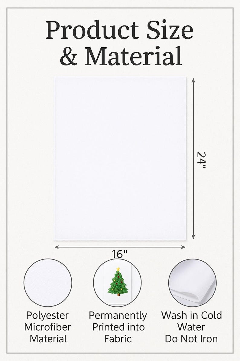 May include: A white rectangular product, 16 inches by 24 inches, made of polyester microfiber. The image includes text: "Product Size & Material", "Permanently Printed into Fabric", and "Wash in Cold Water Do Not Iron".