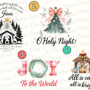 May include: A collection of Christmas-themed graphics with text. Includes a nativity scene, a Christmas tree with a bow, the word "JOY" with a wreath, and the phrases "O Holy Night" and "All is calm, all is bright!"
