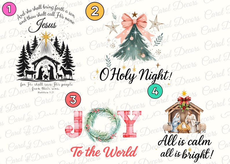 May include: A collection of Christmas-themed graphics with text. Includes a nativity scene, a Christmas tree with a bow, the word "JOY" with a wreath, and the phrases "O Holy Night" and "All is calm, all is bright!"