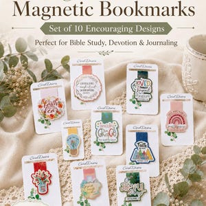 May include: A set of ten magnetic bookmarks featuring various colorful designs and inspirational text, each mounted on a white card labeled Carol Decors. The bookmarks display phrases like Faith, Amazing Grace, and Loved Beyond Measure.