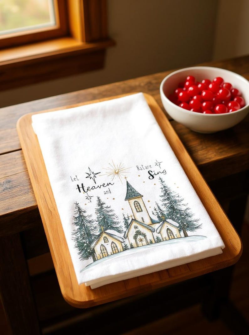 May include: White kitchen towel with a church scene and the text "Let Heaven and Nature Sing." The design includes a church, pine trees, and a starburst. The towel is on a wooden tray.