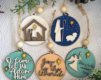 Christmas Ornament wood/Engraved Jesus nativity ornaments| Gift tags nativity engraved | Christian Christmas Décor | Nativity Ornament Set