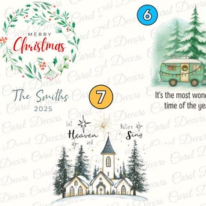 May include: A collection of Christmas-themed designs. One features a wreath with "Merry Christmas" text. Another shows a camper in a snowy forest with the text "It's the most wonderful time of the year."