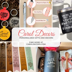 May include: A collage of personalized gifts and decor items. Includes keychains, pens, tumblers, bookmarks, and a gift box. The text "Carol Decors" and "Personalized Gifts and Decors" are displayed, along with a website address.