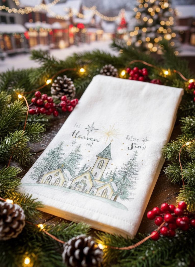 May include: White Christmas-themed kitchen towel with a church and pine tree illustration. The text "Let Heaven and Nature Sing" is printed on the towel. The towel is surrounded by pine branches, red berries, and fairy lights.