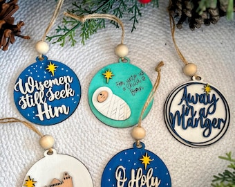 Christmas Ornament wood/Engraved Jesus nativity ornaments| Gift tags Jesus engraved | Christian Christmas Décor | Nativity Ornament Set