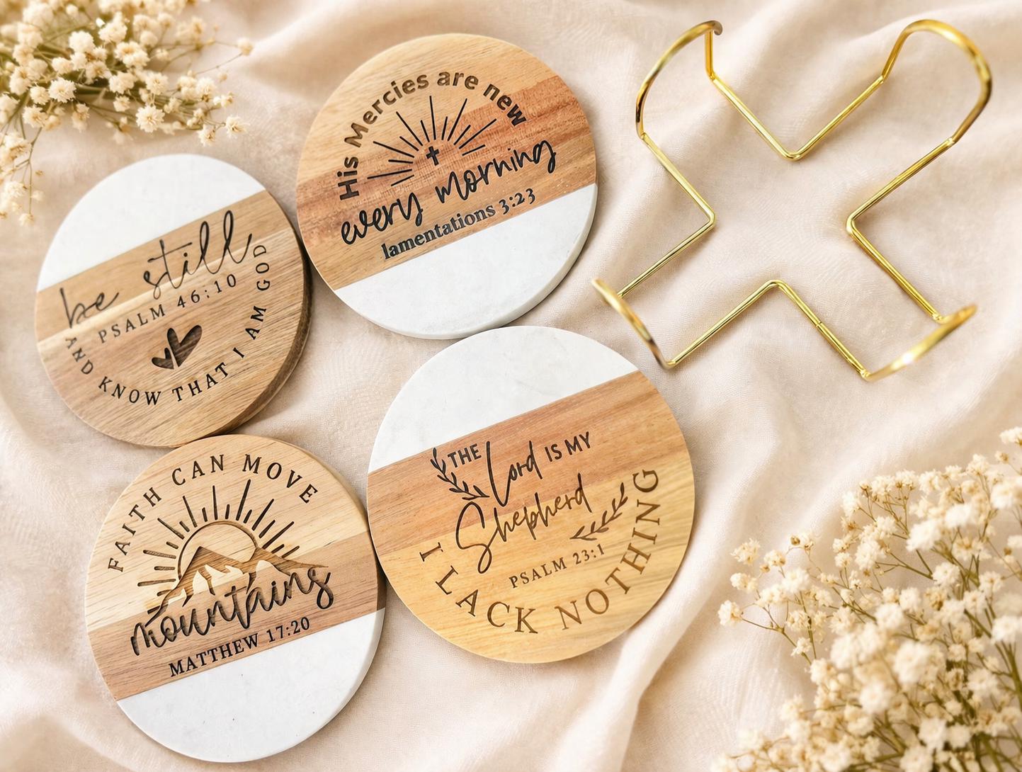 Christian Gift Set - Marble & Wood Coaster Set of 4 – Engraved Bible ...
