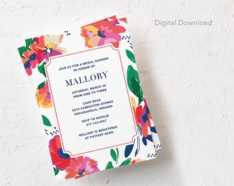 Bewerkbare levendige bloemen bruids douche uitnodiging sjabloon, digitale download, afdrukbare, lente uitnodigen, zomer, vet afdrukken, feest, evenement