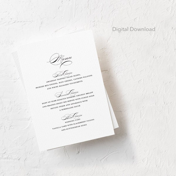 Editable Wedding Reception Menu Template, Digital Download, Printable, Classic Stationery, Formal Dinner, Menu Sign, Menu Card, 5x7