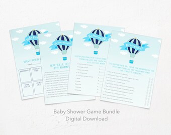 Hot Air Balloon Baby Shower Game Bundle, Téléchargement numérique, Ensemble de 4 jeux, Imprimable, Jeu de fête, Téléchargement instantané, Baby Boy Shower