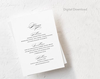 Bearbeitbare Hochzeitsempfang-Menüvorlage, digitaler Download, druckbar, klassisches Briefpapier, formelles Abendessen, Menüschild, Menükarte, 5x7
