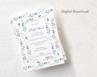 Bewerkbare blauwe bloemen bruids douche uitnodigingssjabloon, digitale download, afdrukbaar, lente, zomer, instant, evenement, bruiloft, babytuin