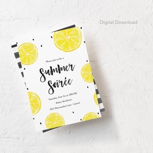 Editable, Summer Party Invitation, Soiree, Digital, Printable, Lemons, Stripes, Yellow, Black, Fruit, Invite, Template, Instant Download
