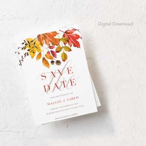 Colorful Fall Leaves Save the Date, Wedding Announcement, Digital Download, Printable, 5x7, Seasonal, Foliage, Stationery, No Photo