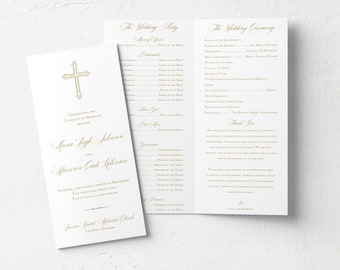 Bewerkbare klassieke bruiloft programmasjabloon, 4,25 x 11 gevouwen, instant digitale DOWNLOAD, ceremonieprogramma katholiek, religieuze kerk, kruis