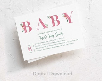 Bewerkbare Roos Baby Shower Uitnodiging Sjabloon, Digitale Download, Afdrukbaar, Sprinkle, Horizontaal, Briefpapier, Uitnodigen, Feest, Roze, Groen