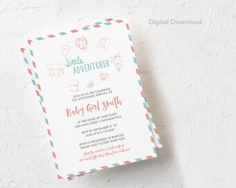 Bewerkbare Kleine Avonturier Baby Shower Uitnodiging, Digitale Download, Afdrukbaar, Reizen, Reizen, Kaart, Sprinkle Invite, Jongen, Meisje, Avontuur