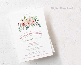 Bewerkbare Roos Bloemen Baby Douche Uitnodiging Sjabloon, Digitale Download, Afdrukbare, Sprinkle Invite, Party, Briefpapier, Roze, Groen