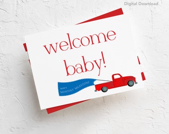 Vintage rode vrachtwagen baby mijlpaal afdrukbare kaart, 5 x 7, Instant Download, digitale, maandelijkse mijlpaal, herinneringen, babyjongen, strepen, pasgeboren