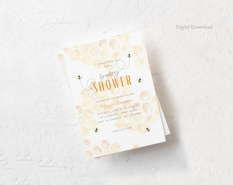 Bewerkbare Mama-To-Bee Baby Shower Uitnodiging Sjabloon, Hommel, Gender Neutraal, Digitaal Downloaden, Afdrukbaar, Party Invite, Honing, Sprinkle