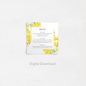 May include: A yellow floral wedding menu card with the text "MENU" in black. The menu lists three courses: "first course", "second course", and "third course".