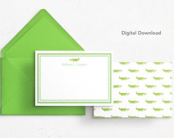 BEWERKBARE Alligator Note Card, digitale download, afdrukbaar, gepersonaliseerd, briefpapier, dank u, 4x6, reptiel, limoengroen, kinderen, jeugd