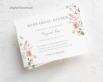 BEWERKBARE, repetitiediner uitnodigen, DOWNLOAD, afdrukbare, Wildflower, tuin, feest, bruiloft, bloemen, horizontaal, roze, groen, zomer, lente