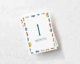 Auto's & vrachtwagens Baby mijlpaal afdrukbare kaart, 5x7, Instant Download, digitaal, maandelijkse mijlpaal, herinneringen, babyjongen, pasgeboren