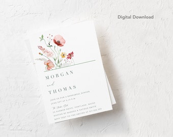 BEWERKBARE, repetitie diner uitnodiging, DOWNLOAD, afdrukbare, Wildflower, tuin, uitnodigen, etentje, bruiloft, bloemen, douche, bruids