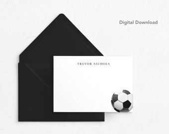 EDITABLE Soccer Note Card, Digital Download, Printable, 4x6, Personalized Note Card, Stationery, Thank you, Black, White, Sports