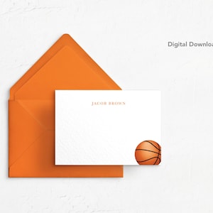 EDITIERBARE Basketball Note Card, digitaler Download, druckbar, 4 x 6, personalisierte Note Card, Briefpapier, danke, Orange, Schwarz, Sport