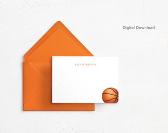 BEWERKBARE basketbal notitiekaart, digitale download, afdrukbaar, 4x6, gepersonaliseerde notitiekaart, briefpapier, bedankt, oranje, zwart, sport